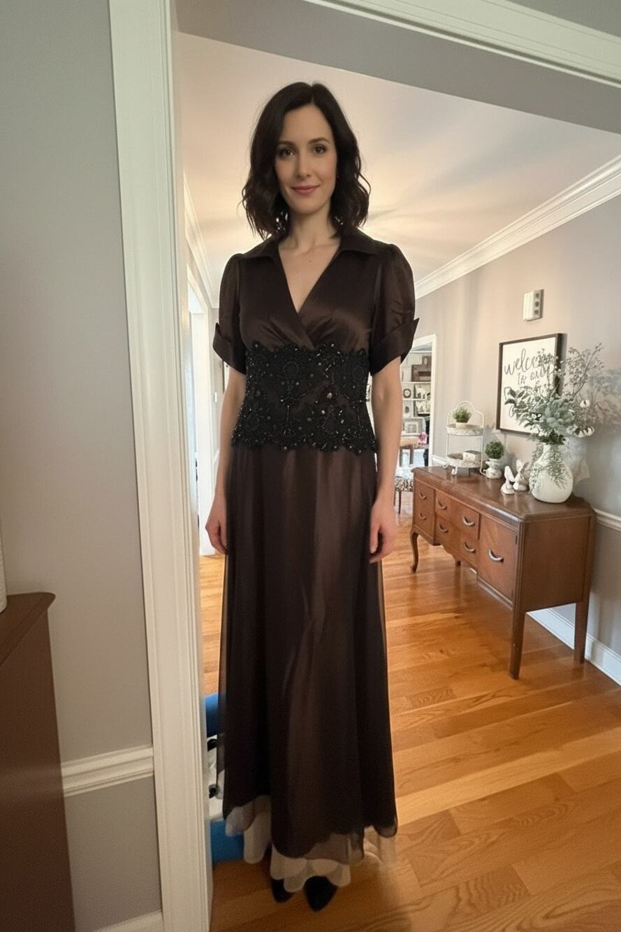 RM Collections Alyce Designs Size 16 Brown Satin Black Lace Beaded Formal Gown